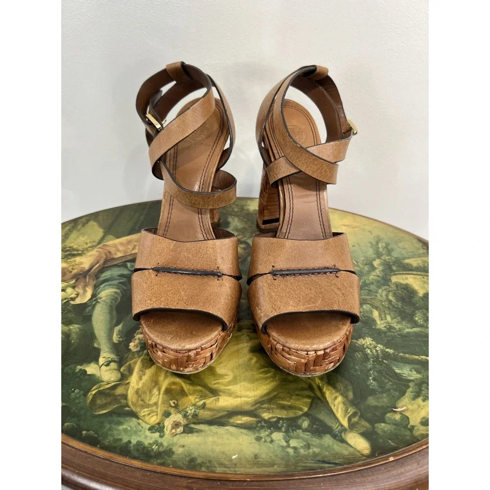 Tory Burch Tan Leather Woven Rattan Wood Platform High Heel Sandals Size 9.5